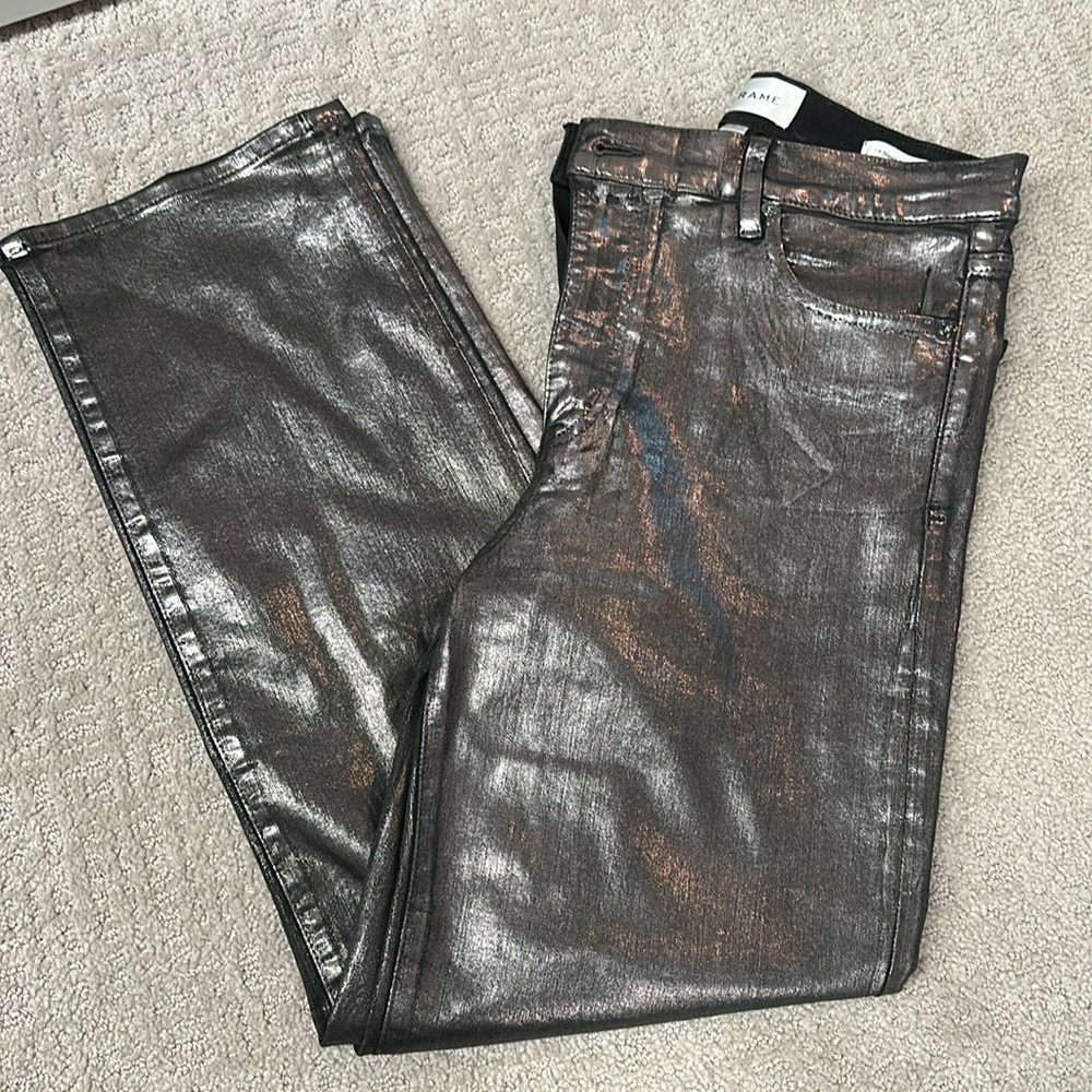 Frame black and gray metallic coated straight jeans
